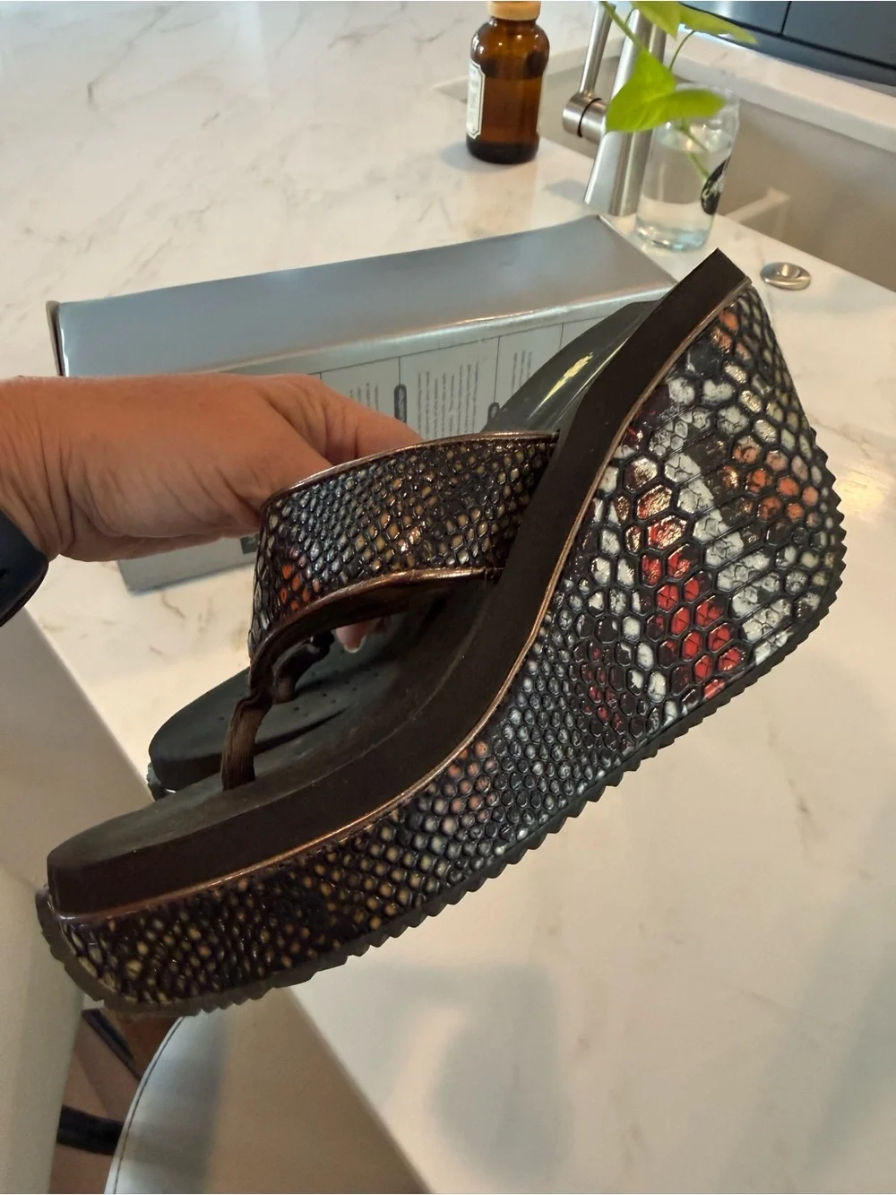 Volatile Metallic Brown and Red Snake-Print Wedge Platforms
